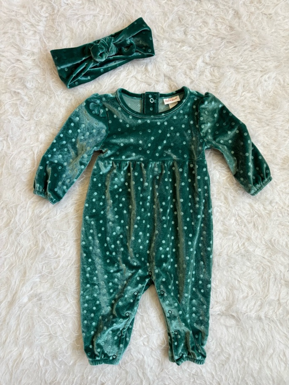 Cat & Jack Festive Green Velvet Polka Dot Jumpsuit with Matching Headband